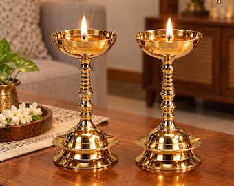 Brass Nanda Diya | Long Table Deepak | Pooja Mandir Decor | Pack of 2