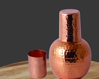 Pure Copper Hammered Bedside Water Bottle with Glass | Ayurvedic Surahi Copper Bottle Set | 850ml