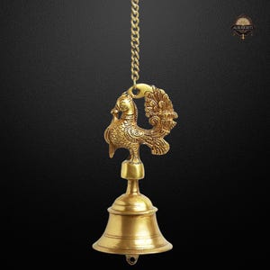 Brass Peacock Hanging Bell: Temple Door Ghanti with 25&quot; Chain