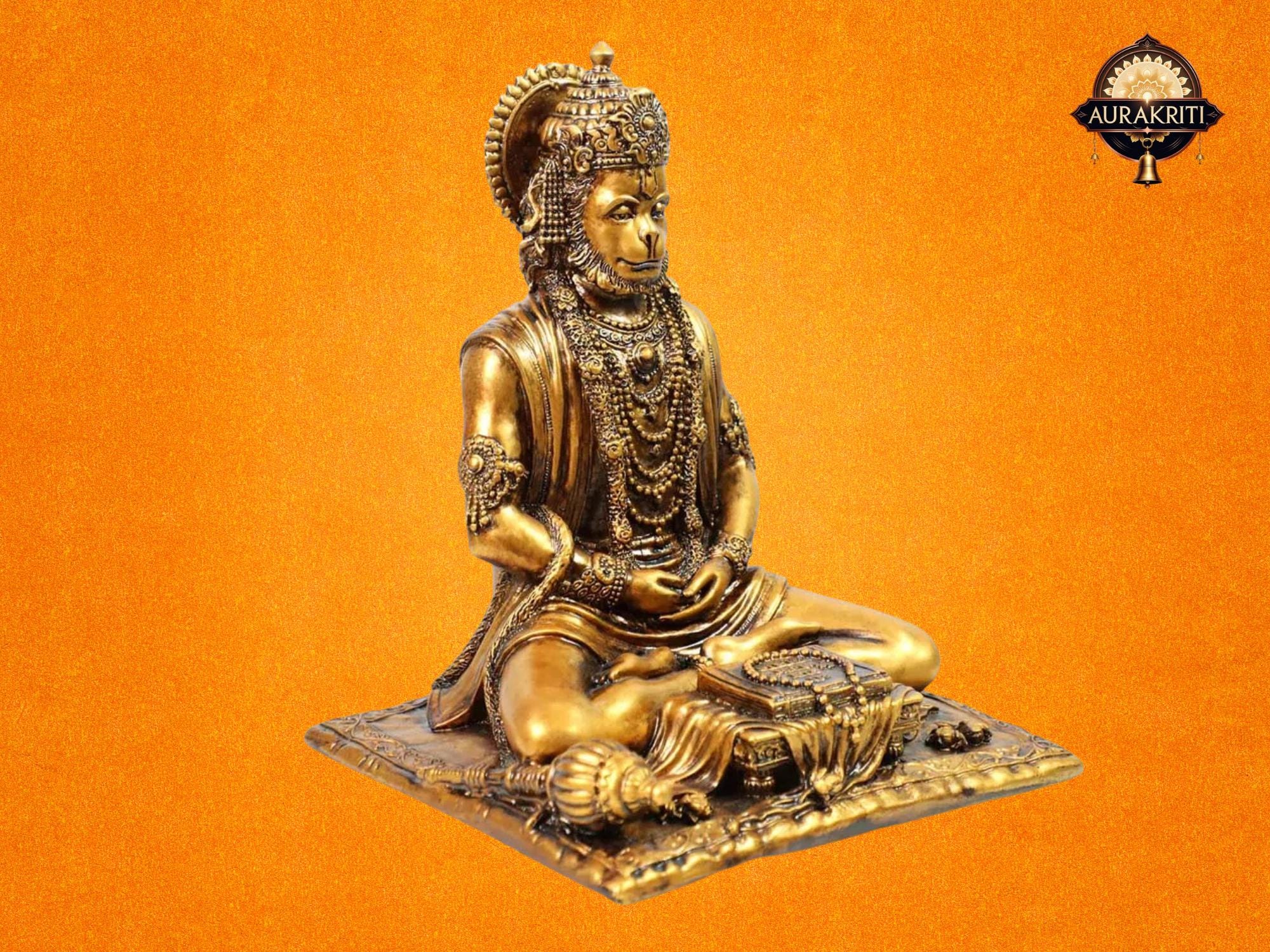 樹脂製ハヌマーン像（ガダ付き） - ヒンドゥー教の猿神 - 銅仕上げ