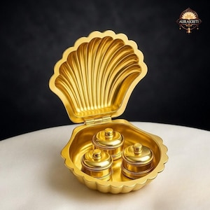 Brass Shell Kumkum Box Set (3) | Sindoor Haldi Chandan Holder | Pooja Decor Gift