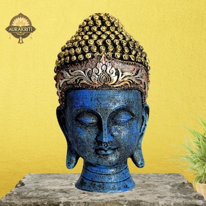 12 Inch Resin Buddha Head Statue - Antique Blue Home Decor