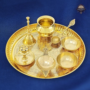 Brass Puja Thali Set: 8-Inch Pital Pooja Plate with Diya, Kalash & Ghanti