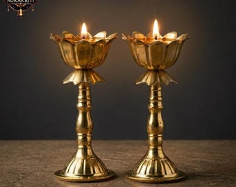 Lotus Brass Diya Set Oil Lamp for Puja Diwali Gift Set of 2