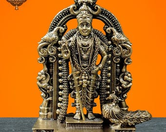 Brass Lord Murugan Statue: South Indian Hindu God Kartikeya Idol
