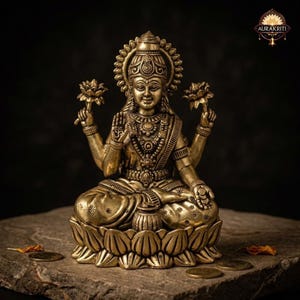 Può includere: Una statua in ottone dettagliata di una divinità seduta, adornata con gioielli intricati e con fiori di loto. La statua è posizionata su una superficie di pietra, con uno sfondo scuro. La statua ha un'aureola e si trova su una base di fiori di loto.