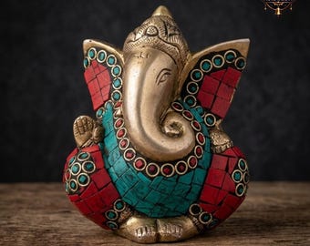 Brass Ganesha Idol with Turquoise Coral Inlay | Ganesh Murti Puja Decor Gift