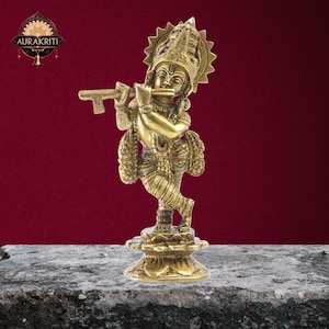 Brass Lord Krishna Statue: Hindu God Idol for Puja & Home Decor