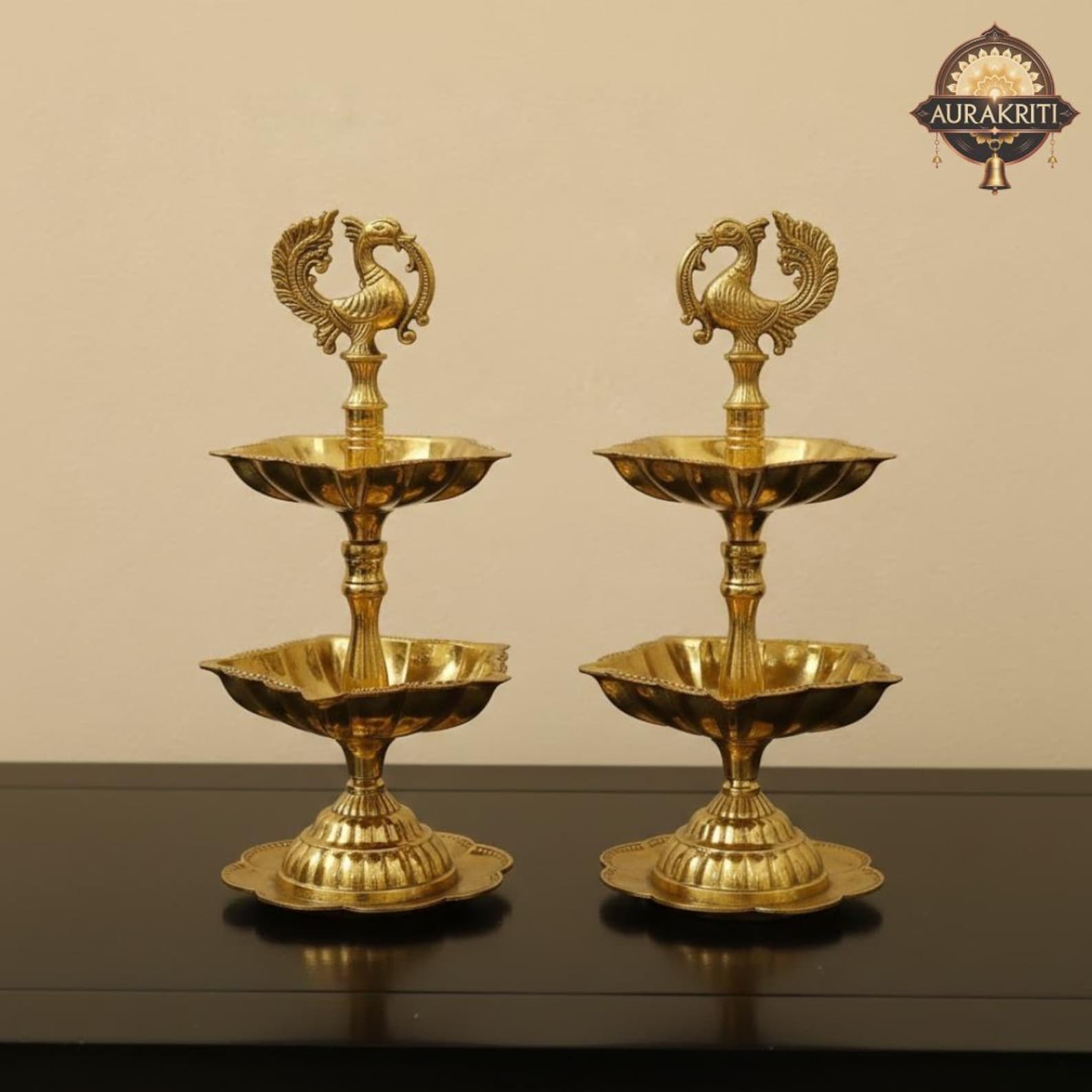 Handcrafted Brass Peacock Diya Set | Double Step 6” Festive Pooja Lamp