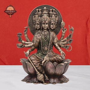 Goddess Gayatri Devi Idol: Bronze Finish Lotus Murti - 10x7 Inch Hindu Statue