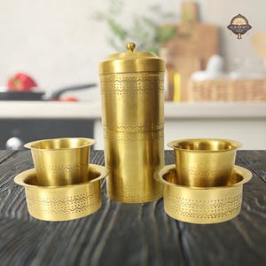 Brass Coffee Filter with 2 Dabara Set – Etched Matt Finish South Indian Coffee Set – Traditional Indian Brass Coffee Maker