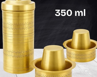 Brass Coffee Filter 350ml with 2 Dabara Cups – Handcrafted Wave Design Gift Set