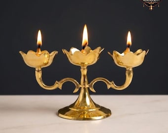 Brass Lotus Oil Lamp | 3 Wick Diya Stand | Puja Decor
