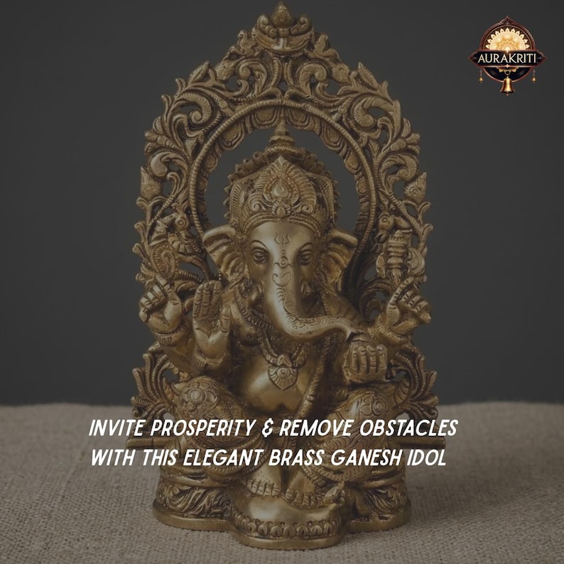May include: A brass Ganesh idol featuring intricate carvings, a seated posture, and an ornate arched backdrop. The text reads: INVITE PROSPERITY & REMOVE OBSTACLES WITH THIS ELEGANT BRASS GANESH IDOL. The Aurakriti logo is visible in the top right corner.