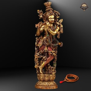Krishna Flute Statue: 14 Inch Multicolor Hindu God Home Decor