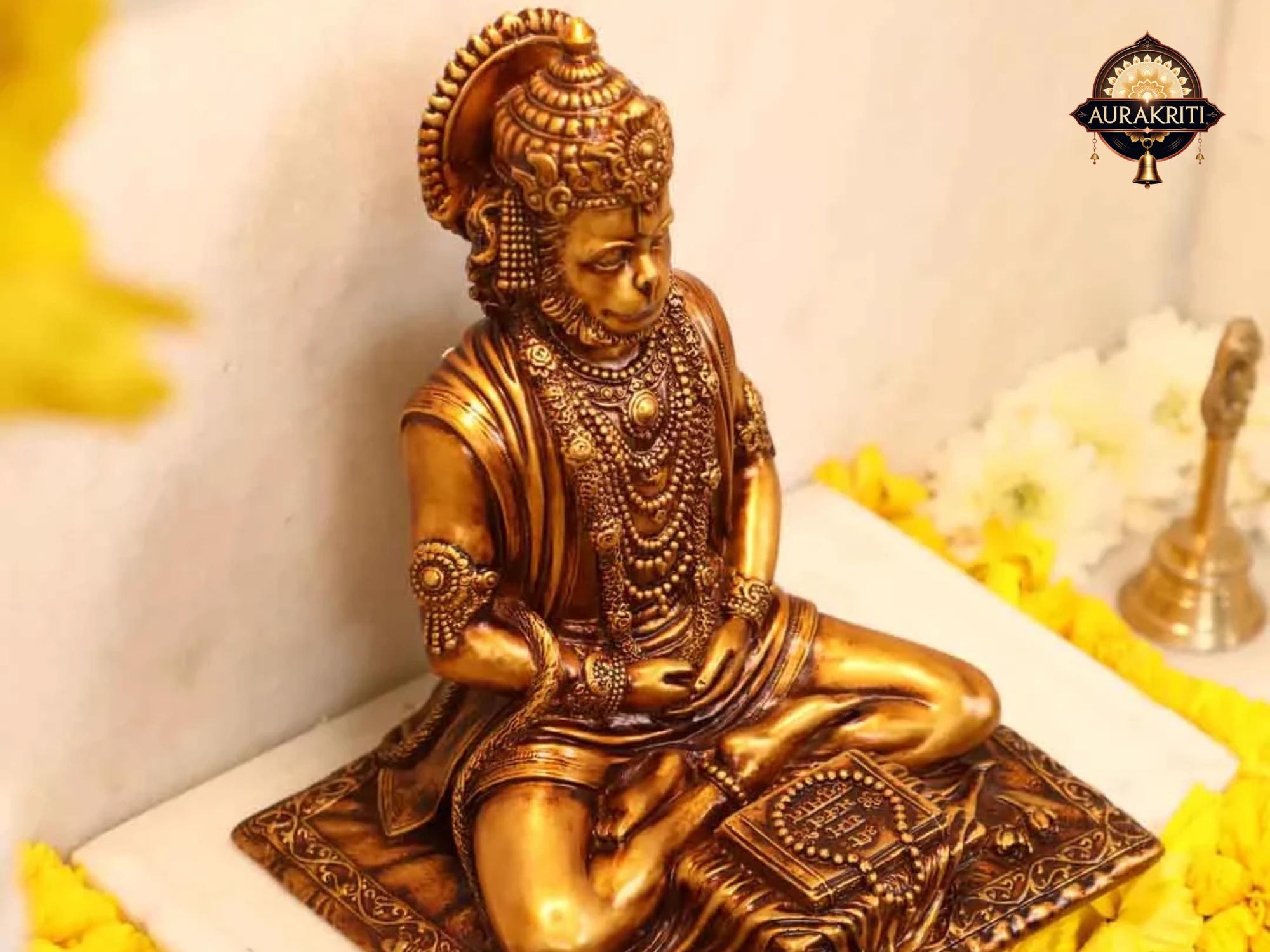 樹脂製ハヌマーン像（ガダ付き） - ヒンドゥー教の猿神 - 銅仕上げ