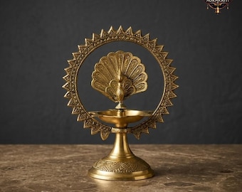 Brass Peacock Diya Stand, Antique Gold Oil Lamp, Traditional Temple Decor