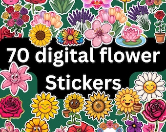 70 Digital Flower Stickers | 4K PNG Clipart | Transparent Background Floral Stickers | Botanical PNGs
