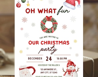Christmas Party Invitation, Kids Holiday, Oh What Fun Invite Canva Template, Santa Hat  Invite, Christmas Birthday