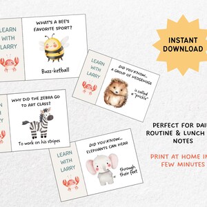 May include: A collection of printable educational cards with animal illustrations and fun facts. The cards feature a bee, zebra, hedgehog, and elephant, with text like "What's a bee's favorite sport?" and "Instant Download."
