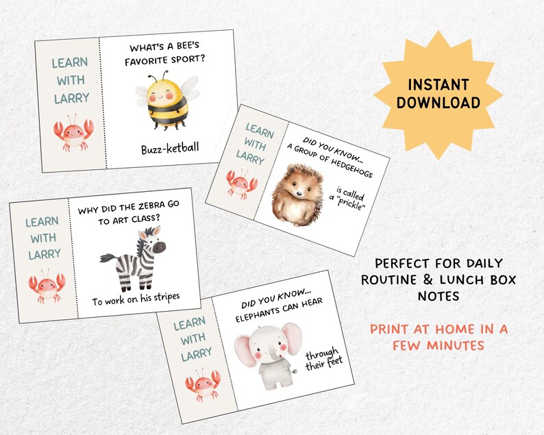 May include: A collection of printable educational cards with animal illustrations and fun facts. The cards feature a bee, zebra, hedgehog, and elephant, with text like "What's a bee's favorite sport?" and "Instant Download."