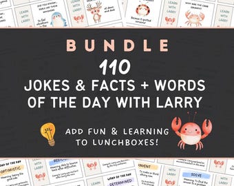 Lunchbox Cards Bundle, Jokes Facts Word of Day, Kid Lunch Box Note, Learn with Larry Facts for Kids Notes, Printable Learning Cards Funny