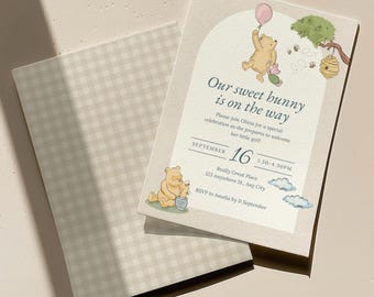 Classic Winnie the Pooh Baby Shower Invitation, Editable Pooh Baby Shower Invite Ideas, Boho Baby Shower Invitation, Neutral Canva Template