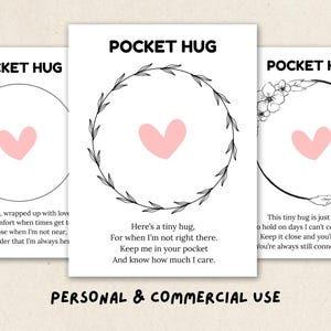 Op de afbeelding: Drie witte kaarten met de tekst "POCKET HUG" bovenaan. Elke kaart heeft een roze hart in een zwart cirkelvormig ontwerp met bloemen- of bladeraccenten. De onderkant van de afbeelding luidt "PERSONAL & COMMERCIAL USE".