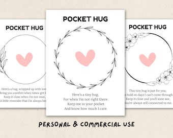 May include: Three white cards with the text "POCKET HUG" at the top. Each card features a pink heart inside a black circular design with floral or leaf accents. The bottom of the image reads "PERSONAL & COMMERCIAL USE".