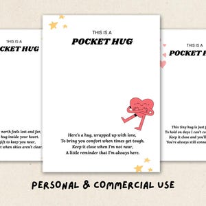 Può includere: Tre biglietti bianchi con la scritta "THIS IS A POCKET HUG" in nero. Ogni biglietto ha una poesia diversa sugli abbracci. Un biglietto ha una grafica a bussola, un altro una grafica a cuore e il terzo grafiche a cuore.