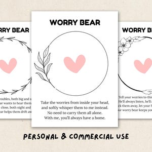 May include: Three white cards with the text "Worry Bear" and a pink heart inside a circle. Each card has a different floral or leaf design around the circle. The phrase "Personal & Commercial Use" is at the bottom.