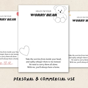 Może przedstawiać: Trzy białe karty z napisem "HELLO! I'M YOUR WORRY BEAR" i wierszem. Każda karta zawiera inną ilustrację misia. Na dole obrazu widnieje napis "PERSONAL & COMMERCIAL USE".