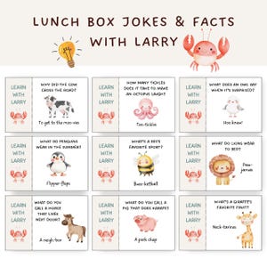 May include: A colorful educational poster titled "Lunch Box Jokes & Facts With Larry." The poster features illustrated jokes and facts with animal characters, including a cow, octopus, penguin, bee, lion, horse, pig, giraffe, and an owl.