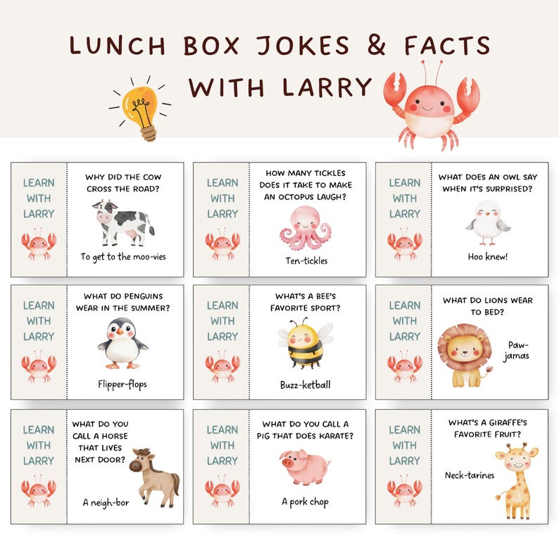 May include: A colorful educational poster titled "Lunch Box Jokes & Facts With Larry." The poster features illustrated jokes and facts with animal characters, including a cow, octopus, penguin, bee, lion, horse, pig, giraffe, and an owl.