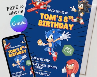 Sonic Birthday Invitation, Sonic Hedgehog Party Invite, Super Sonic Party Invitation, Editable Sonic Shadow Invite Template, Canva Template