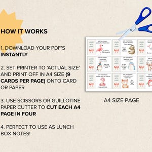 May include: A light beige instructional graphic with the text "HOW IT WORKS" and numbered steps for printing and cutting educational cards. Includes a sheet of printed cards with animal facts and a pair of blue scissors.