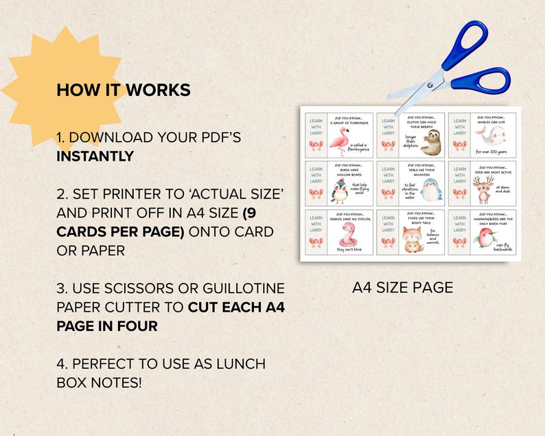 May include: A light beige instructional graphic with the text "HOW IT WORKS" and numbered steps for printing and cutting educational cards. Includes a sheet of printed cards with animal facts and a pair of blue scissors.
