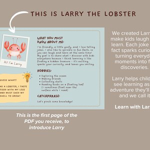 May include: A light blue educational PDF page introducing "Larry the Lobster." The page includes a cartoon lobster illustration, text about Larry's hobbies, and the phrase "Learn with Larry!"