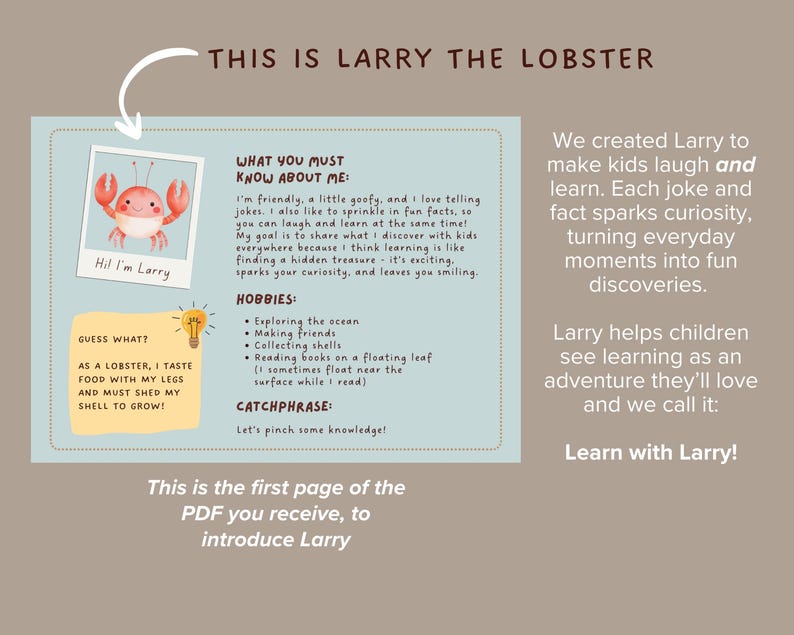 May include: A light blue educational PDF page introducing "Larry the Lobster." The page includes a cartoon lobster illustration, text about Larry's hobbies, and the phrase "Learn with Larry!"