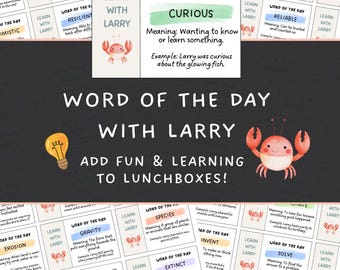 Kids Lunchbox Word of The Day Cards, Learning Lunch Box Note, Learn with Larry Fun Facts, Lunch Box Notes Printable, Encouraging Notes Kids