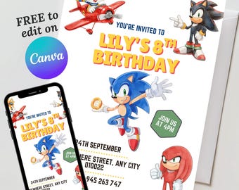 Sonic Birthday Invitation, Sonic Hedgehog Party Invite, Super Sonic Party Invitation, Editable Sonic Shadow Invite Template, Canva Template