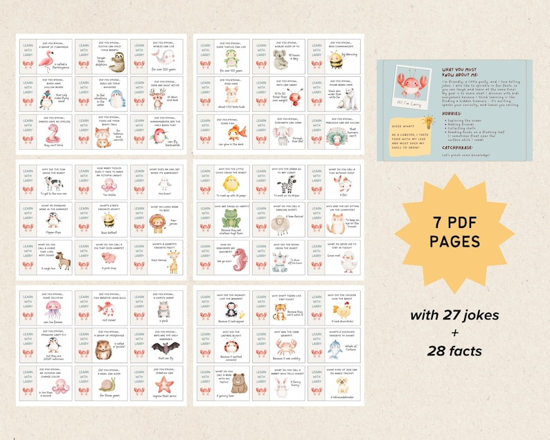 May include: A collection of printable educational cards featuring watercolor illustrations of various animals. Each card includes a question and answer format, with the text "Learn with Larry." The image also includes a page count and the number of jokes and facts.