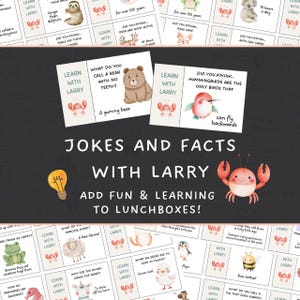 May include: Educational flashcards with fun facts and jokes, featuring a crab mascot named Larry. The cards have colorful illustrations of animals and humorous questions, designed to add learning to lunchboxes.