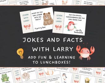 Tarjetas con chistes y datos para la lonchera infantil, notas para la lonchera infantil, chistes divertidos para aprender con Larry, notas imprimibles inspiradoras para la lonchera, chistes de papá