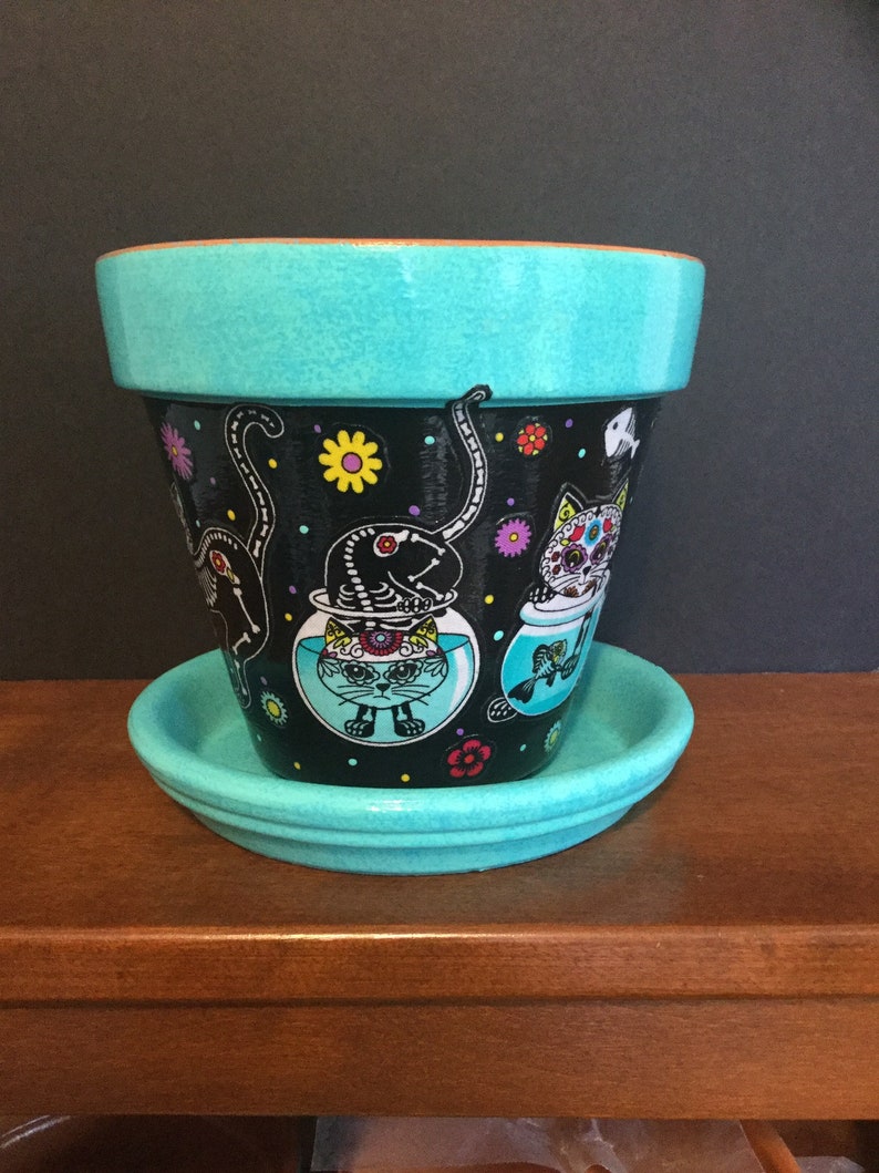 Cats Planter Cats Playing in Fishbowl Day of the Dead Cat Flower Pot with Saucer Sugar Skull Cats Skeleton Cats Gift for Cat Lover,