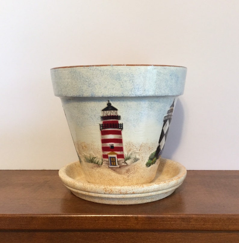 Lighthouse Flower Pot With Saucer Decoupage Lighthouse Etsy