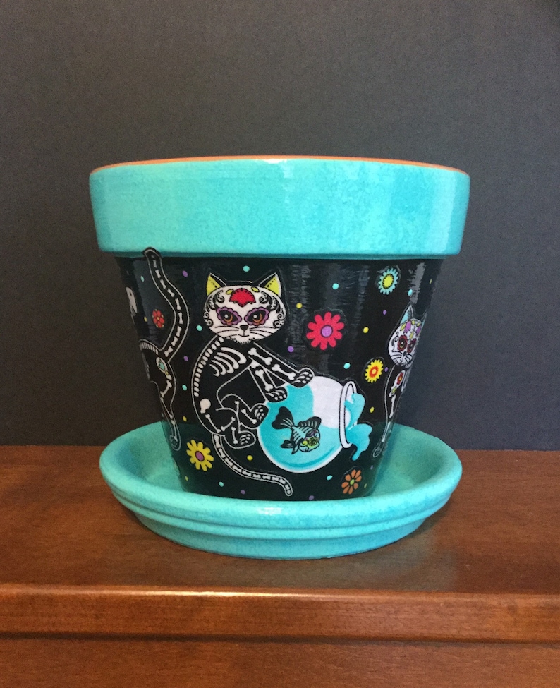 Cats Planter Cats Playing in Fishbowl Day of the Dead Cat Flower Pot with Saucer Sugar Skull Cats Skeleton Cats Gift for Cat Lover,