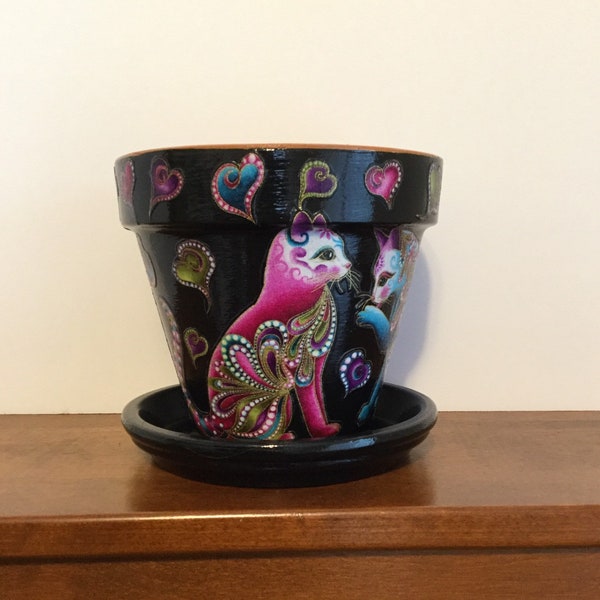 Made to Order Fancy Cat Flower Pot with Saucer, Rainbow Flower Pot, Painted Flower Pot, Decoupage , Decpoupage, Flower Pot with Drainage,Cat