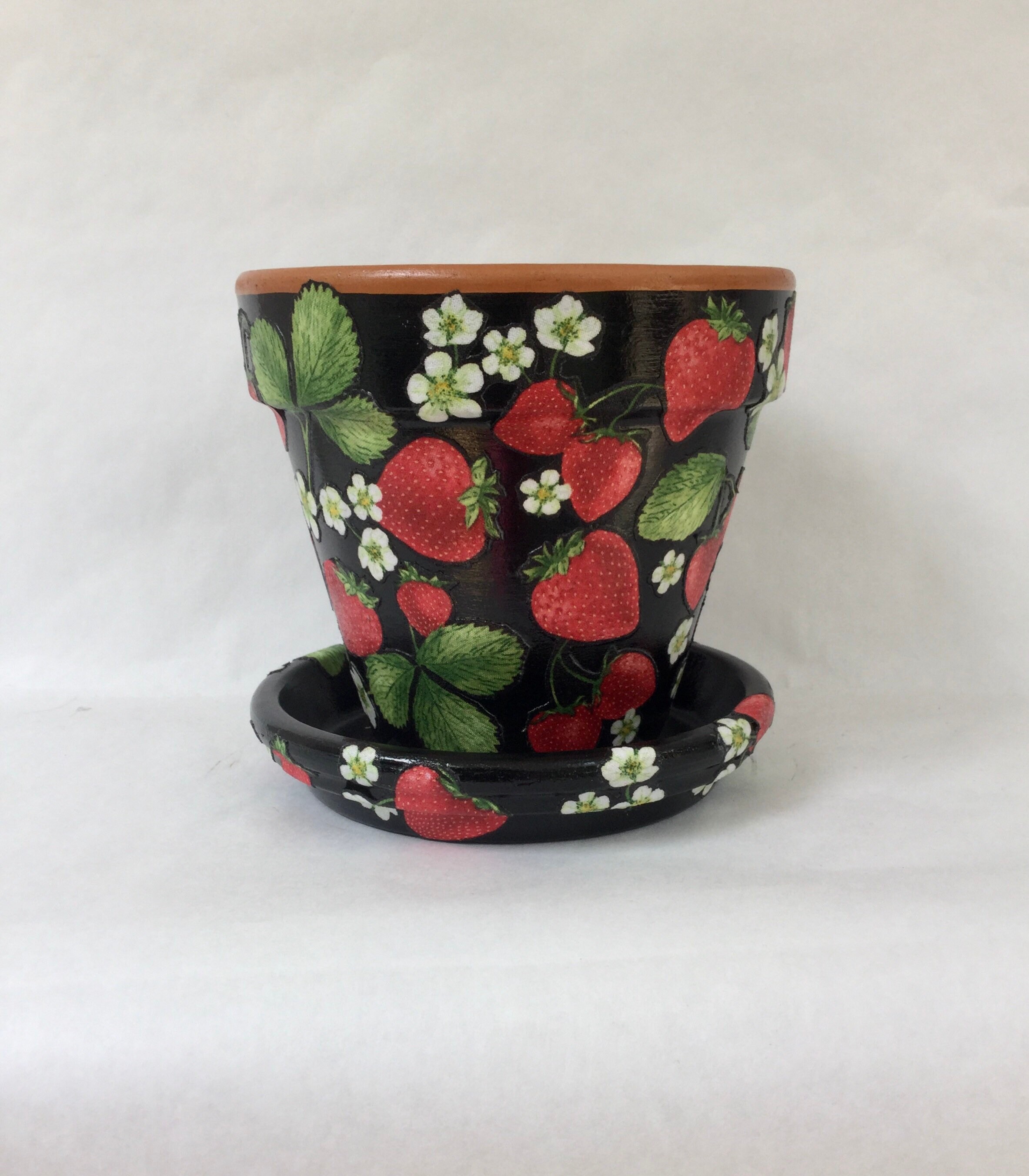 6 Inch Strawberry Flower Pot With Saucer Decoupage Painted Etsy