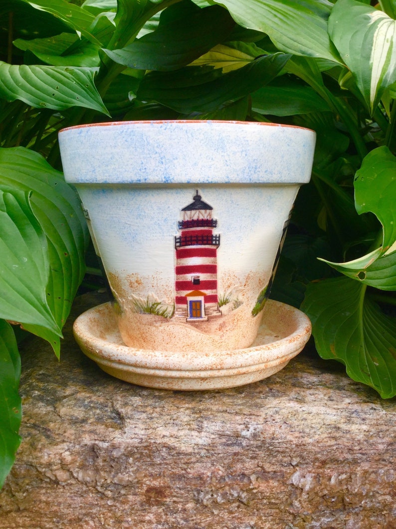 Lighthouse Flower Pot With Saucer Decoupage Lighthouse Etsy